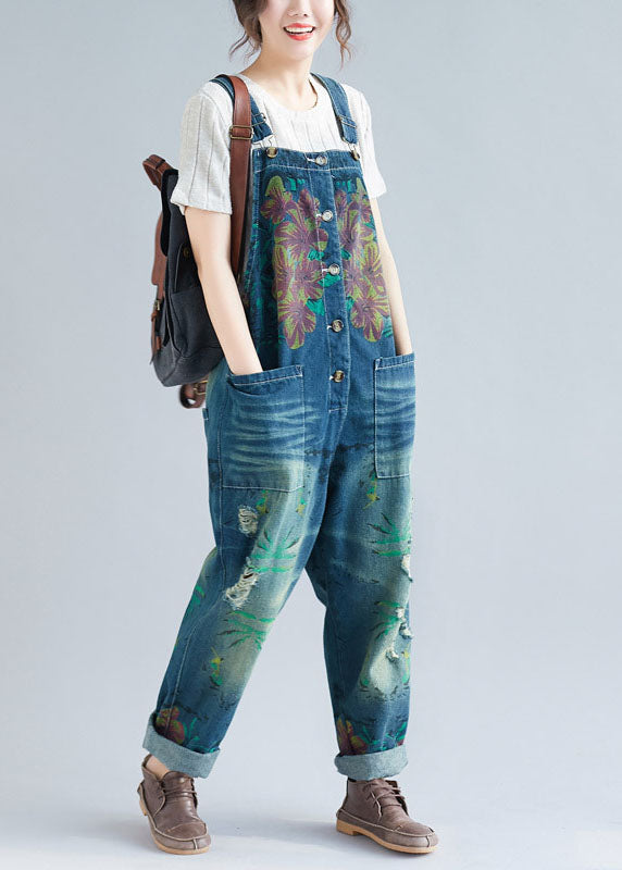 Women Blue Pocket Patch Print Denim Jumpsuit Spring