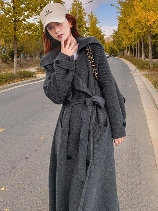 2024 Fashion Grey Peter Pan Collar Pockets Tie Waist Knit Long Coats Winter