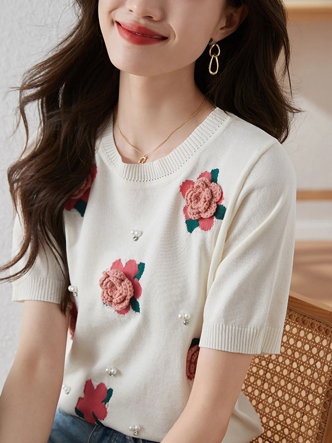 Elegant Round Neck Bubble Sleeve Floral Knit Short Sleeve Blouse Top