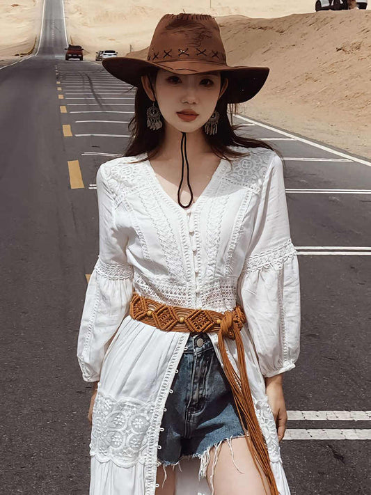 Ursime Vintage Western Lace Up Long Shirt Dresses