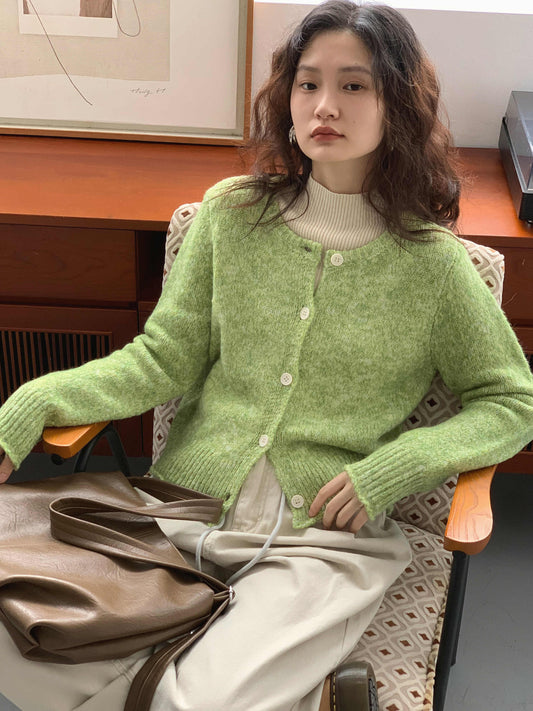 2024 Fitted Green O-Neck Button Cozy Cotton Knit Cardigan Winter