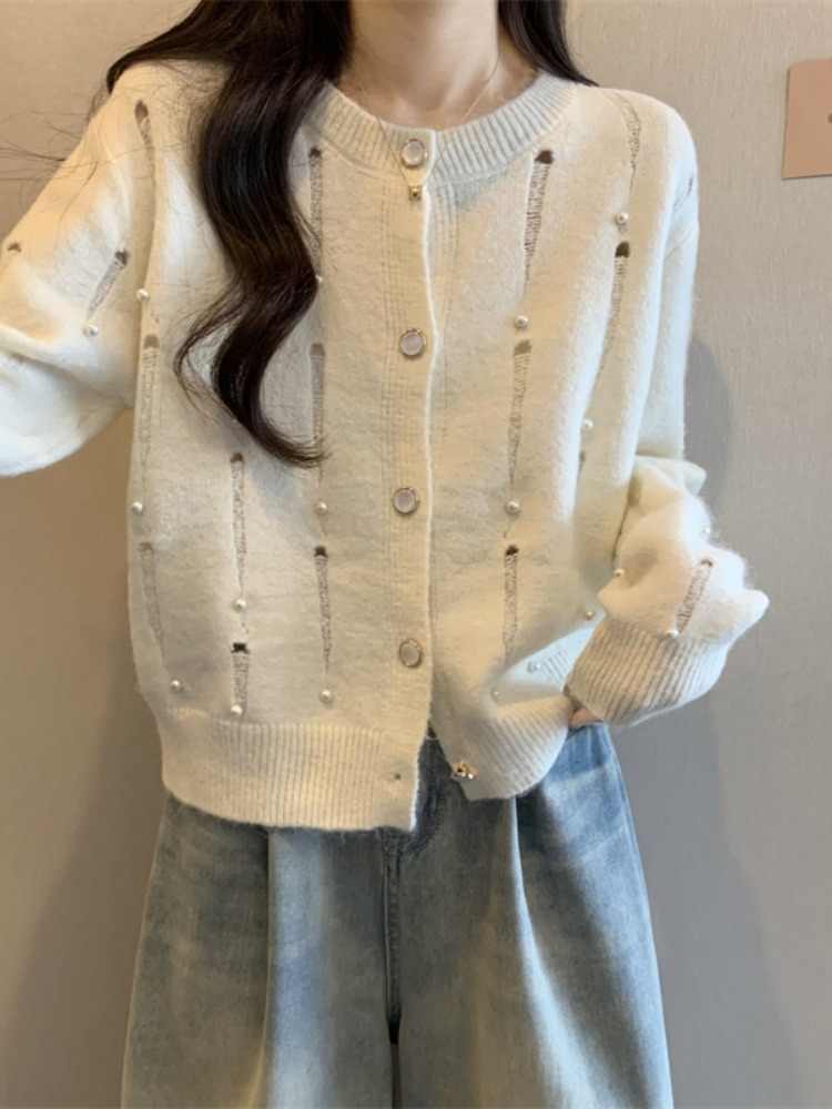 Brief Blue Nail Bead Cotton Knit Cardigans Winter