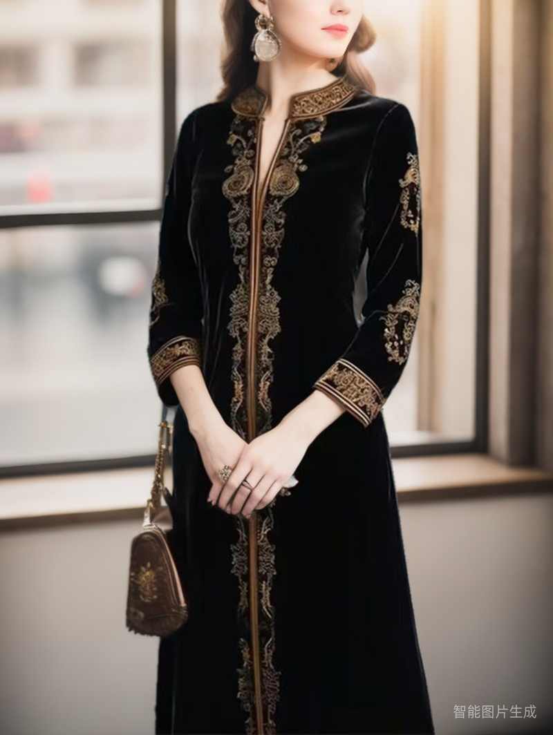 Velvet Stand Collar Geo Pattern Long Sleeve Length Dresses