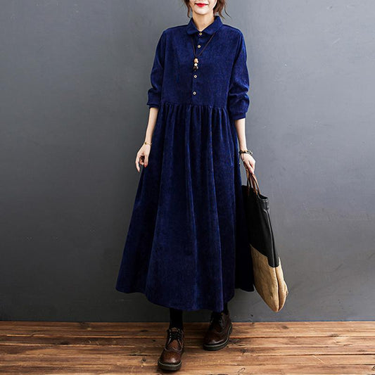 Navy Button Corduroy Maxi Dresses Fall