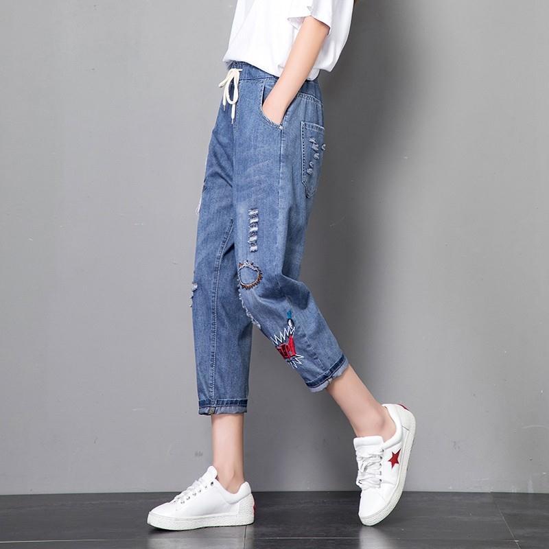 Blue Embroidery Pockets Elastic Waist Denim Wide Leg Pants Autumn