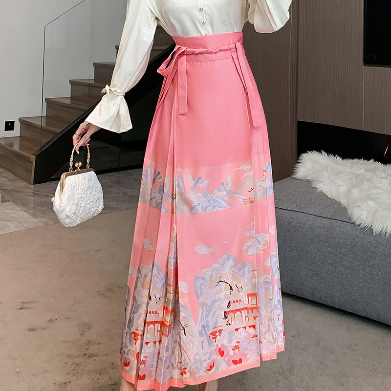 Pink Elegant Cotton Chinese Lace Up Loose Pirnt Skirts