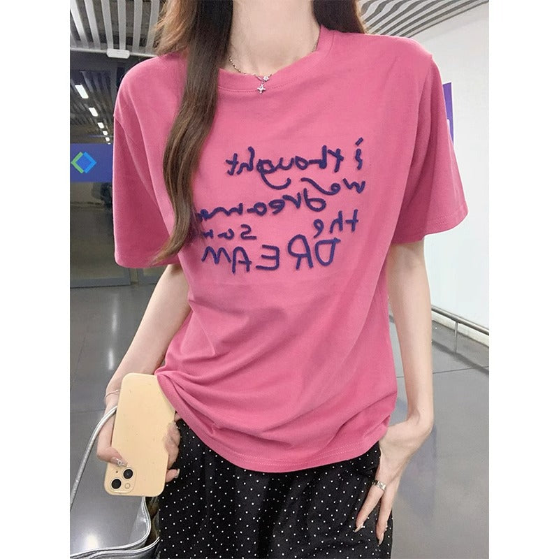 Women Stylish Pink Print O-Neck T Shirt Summer