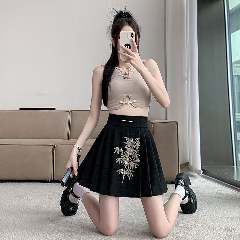 Black Elegant Chinese Loose Embroidery Skirts Spring