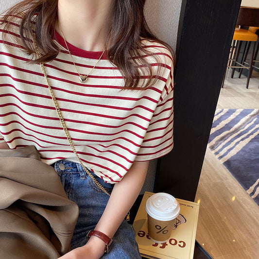 Women Red Striped Cotton T Shirt Summer