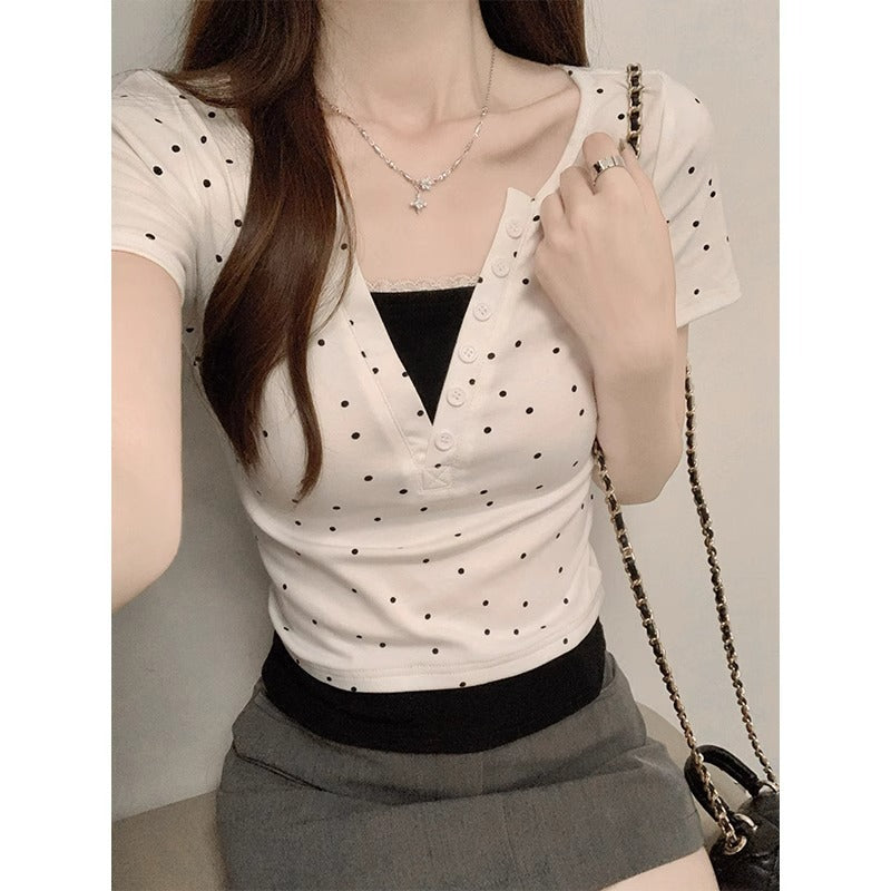 Women White Dotted Print Top Two Pieces Set Spring