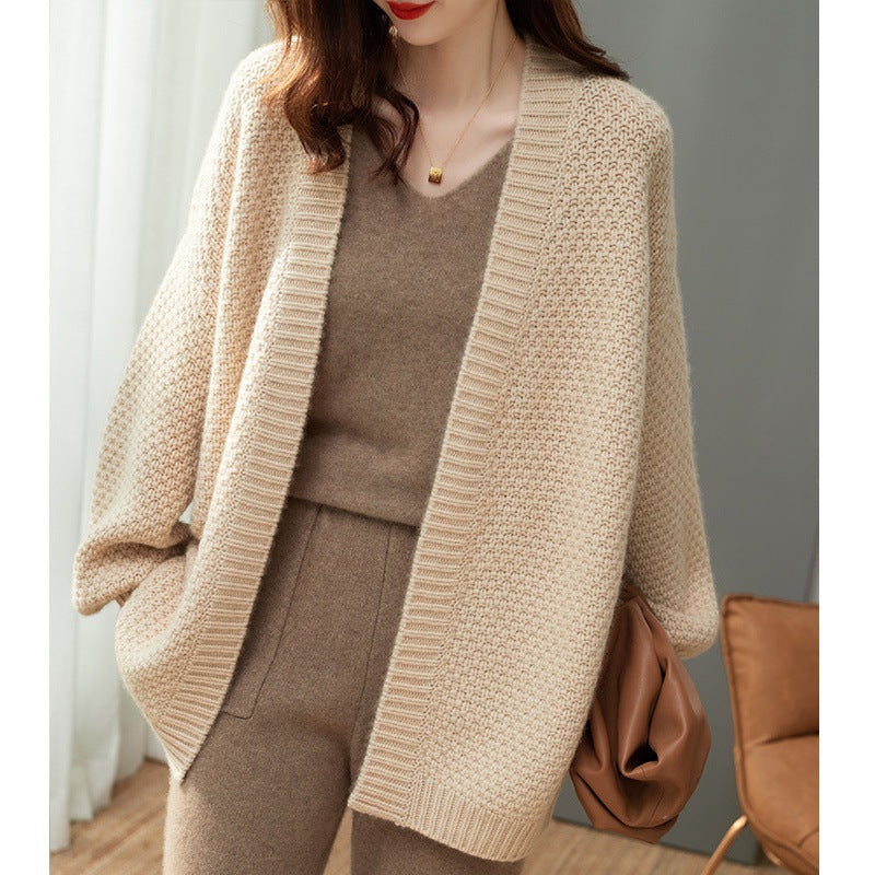 Fashion Casual Beige Knitted Cardigan Sweater Fall