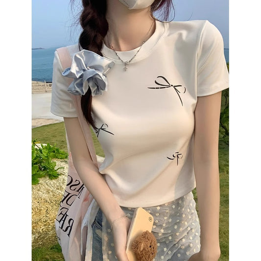 Women White O Neck Print Top Summer