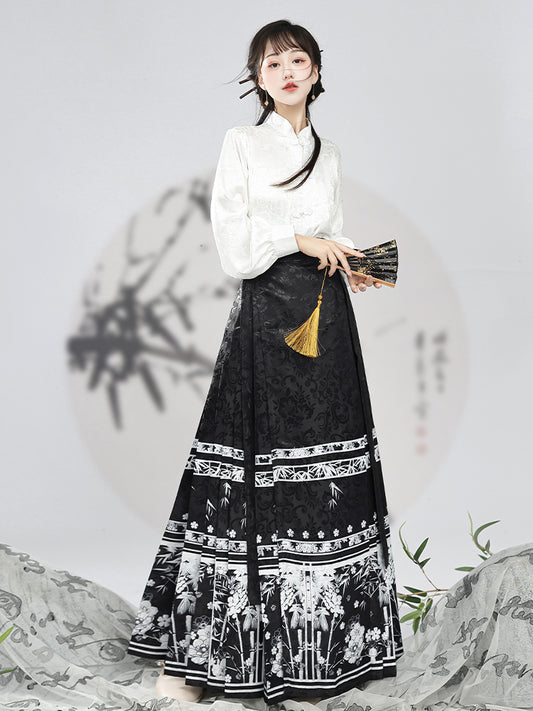 Black Retro Chinese Style Flower Print Skirts Sprin