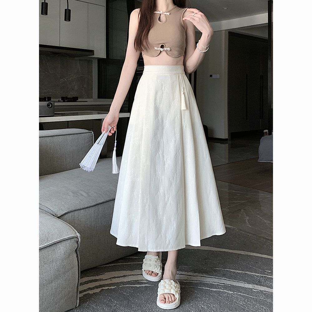 Retro Chinese Style White Printing Skirts Spring