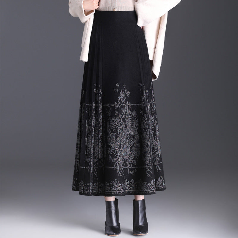 Fashion Black Chinese Loose Elastic Waist Embroidery Skirts