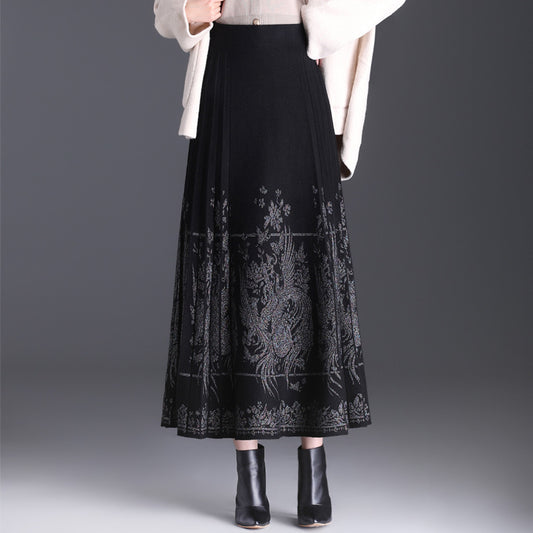 Fashion Black Chinese Loose Elastic Waist Embroidery Skirts