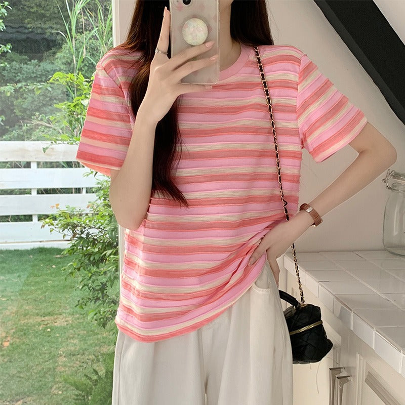 Retro Women Pink Striped Cotton T Shirt Summer