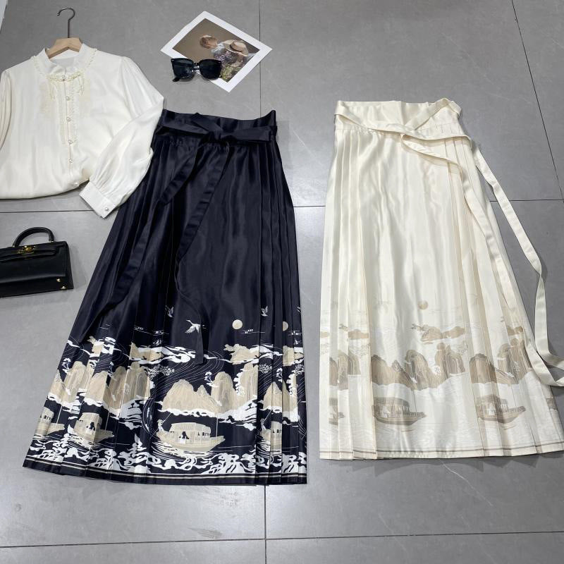 Chinese Retro Black Cotton Lace Up Hight Waist Embroidery Skirts