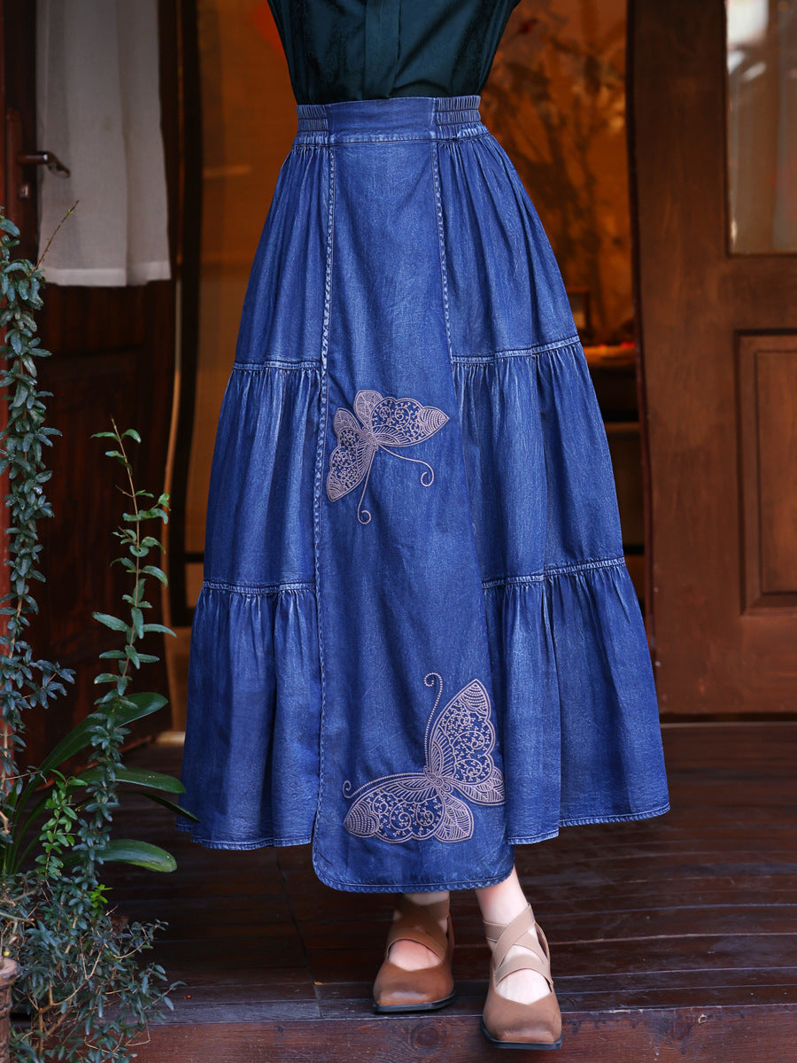 Chinese Style Blue Elastic Waist Embroidery Denim Skirts