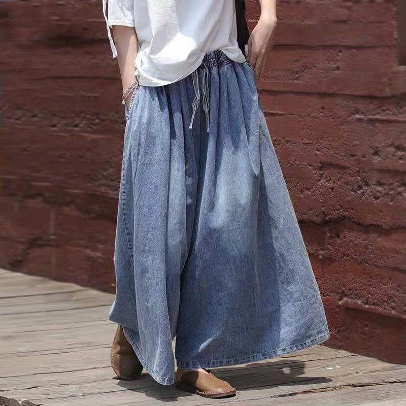 Loose Light Blue Pockets Elastic Waist Denim Wide Leg Pants Fall