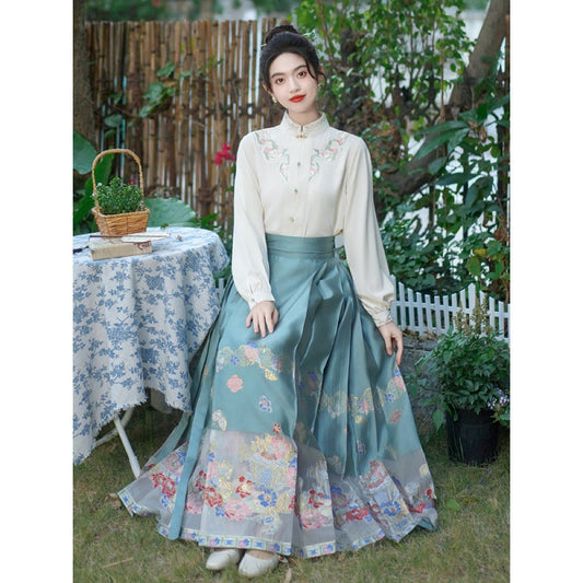 Blue Retro Chinese Lace Up Loose Embroidery Skirts Spring