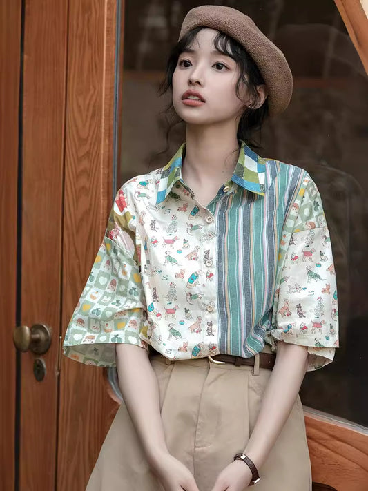 New Loose Print Pockets Shirt Top