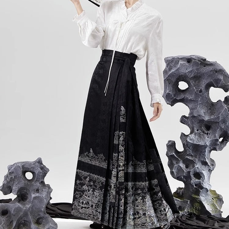 Retro Chinese Style Black Printing Skirts Spring