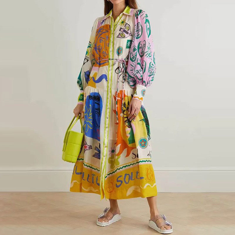 French Fashion Yellow Printed Maxi Dresses Fall