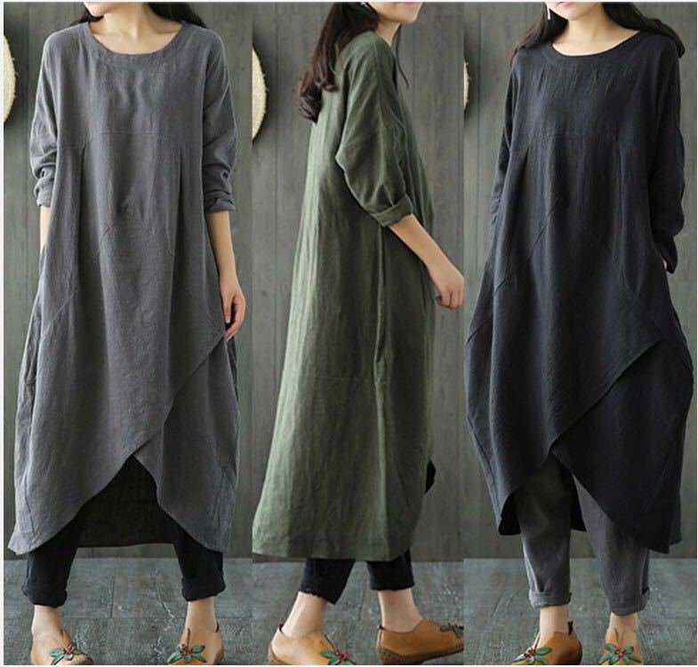 Casual Black Ethnic Style Linen Dresses Fall