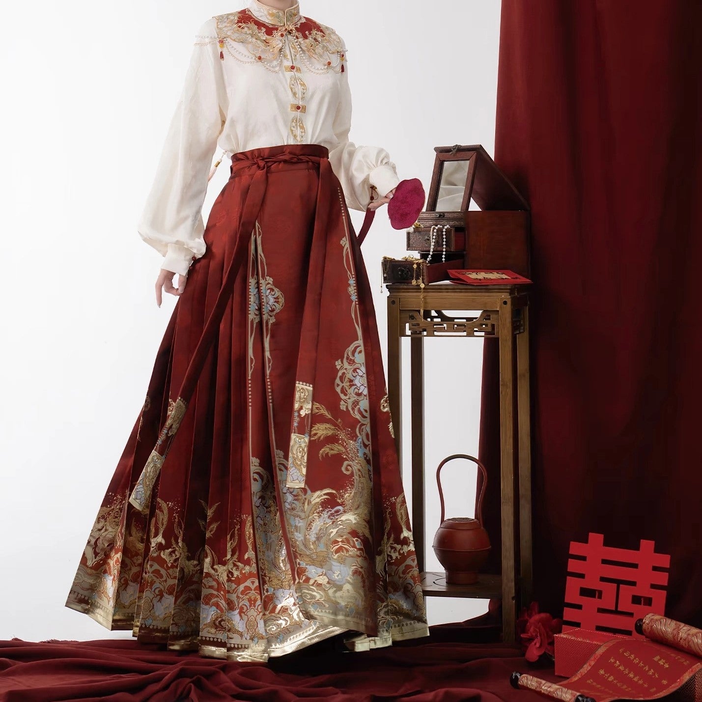 Elegant Red Cotton Chinese Lace Up Loose Embroidery Skirts