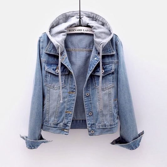 Light Blue Trendy Hooded Pocket Denim Fall Coat Long Sleeves