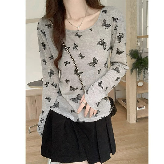 Unique Grey Print Butterfly Tops Short Sleeve Summer