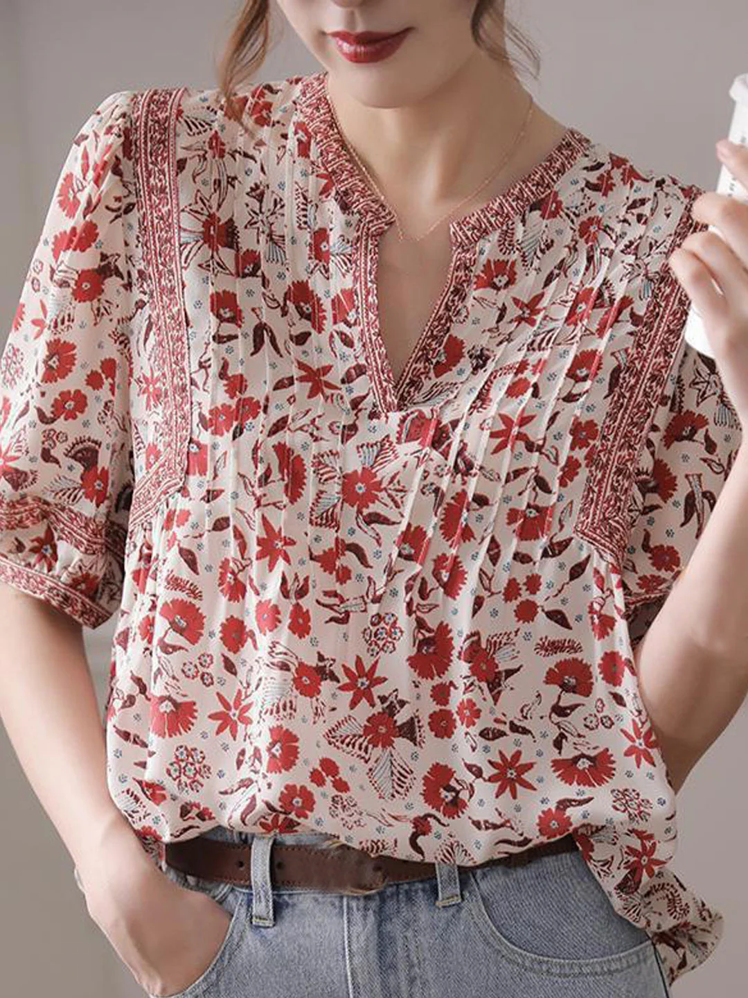 French Print Bubble Sleeve Blouse Top