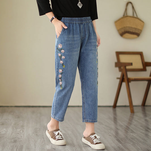 Trend Pockets Embroidered Elastic Waist Denim Pants Autumn