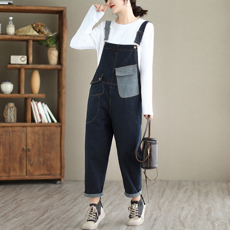 Navy Blue Pocket Colorblock Denim Jumpsuit Winter