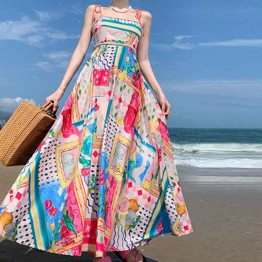 Loose Pink Print Flowers High Waist Dress Summer