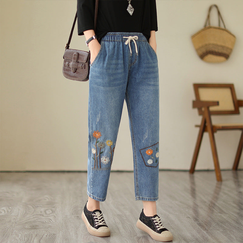 Trend Blue Embroidered Drawstring Elasticity Denim Pants Autumn