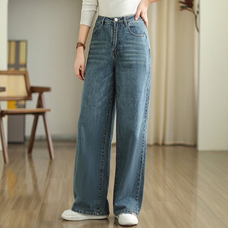 Trend Blue Pockets Waist Denim Pants Fall