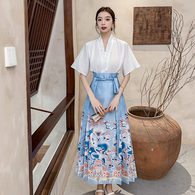 Chinese Print Blue Lace Up Loose Skirt Spring