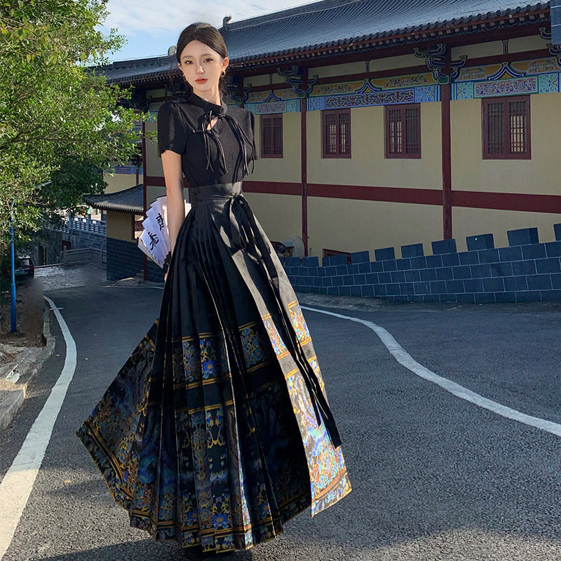 Elegant Black Chinese Lace Up Loose Hight Waist Skirts