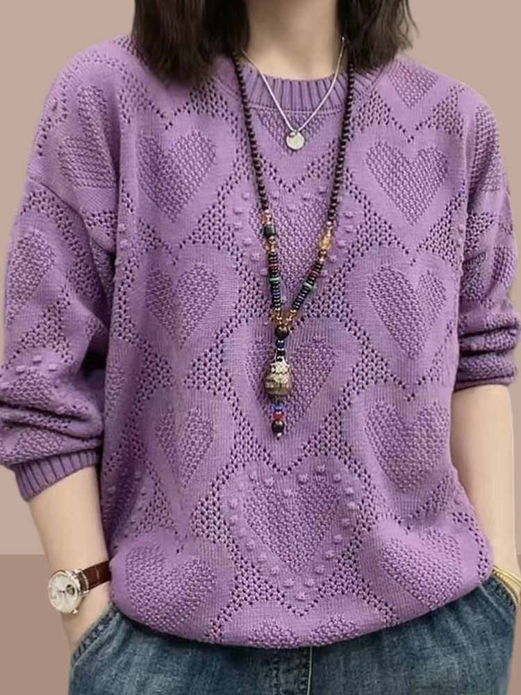 2024 Casual Rose O-Neck Hollow Out Cotton Knitted Sweaters Fall