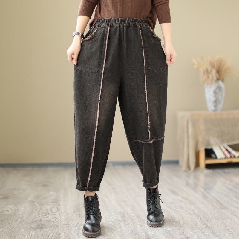 Trend Loose Coffee Pockets Harem Denim Cropped Pants Fall