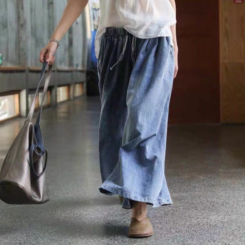 Loose Light Blue Pockets Elastic Waist Denim Wide Leg Pants Fall