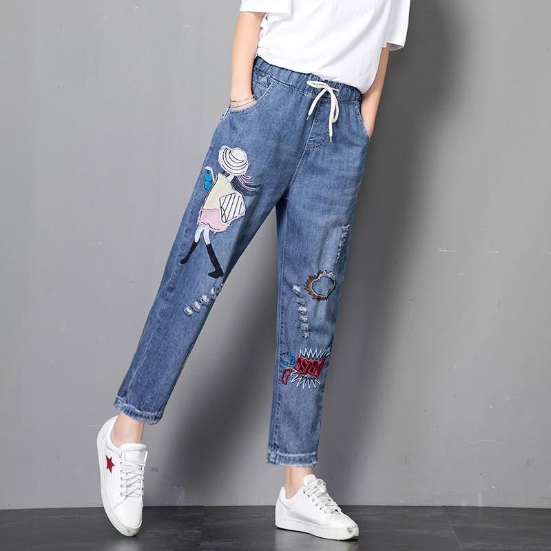 Blue Embroidery Pockets Elastic Waist Denim Wide Leg Pants Autumn