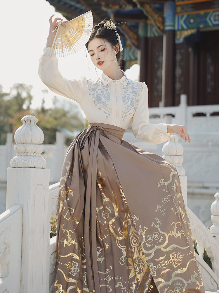 Loose Elegant Print Chinese Lace Up Skirts Spring