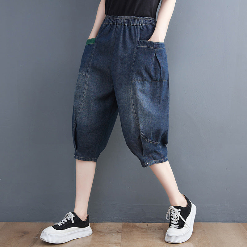 Loose Black Pockets Patchwork Elastic Waist Harem Pants Summer