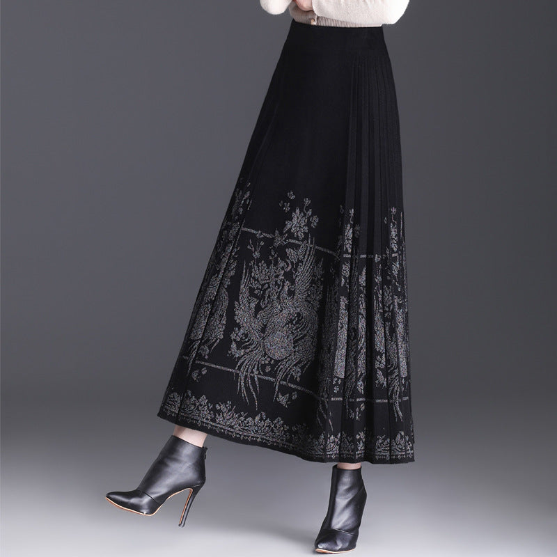 Fashion Black Chinese Loose Elastic Waist Embroidery Skirts