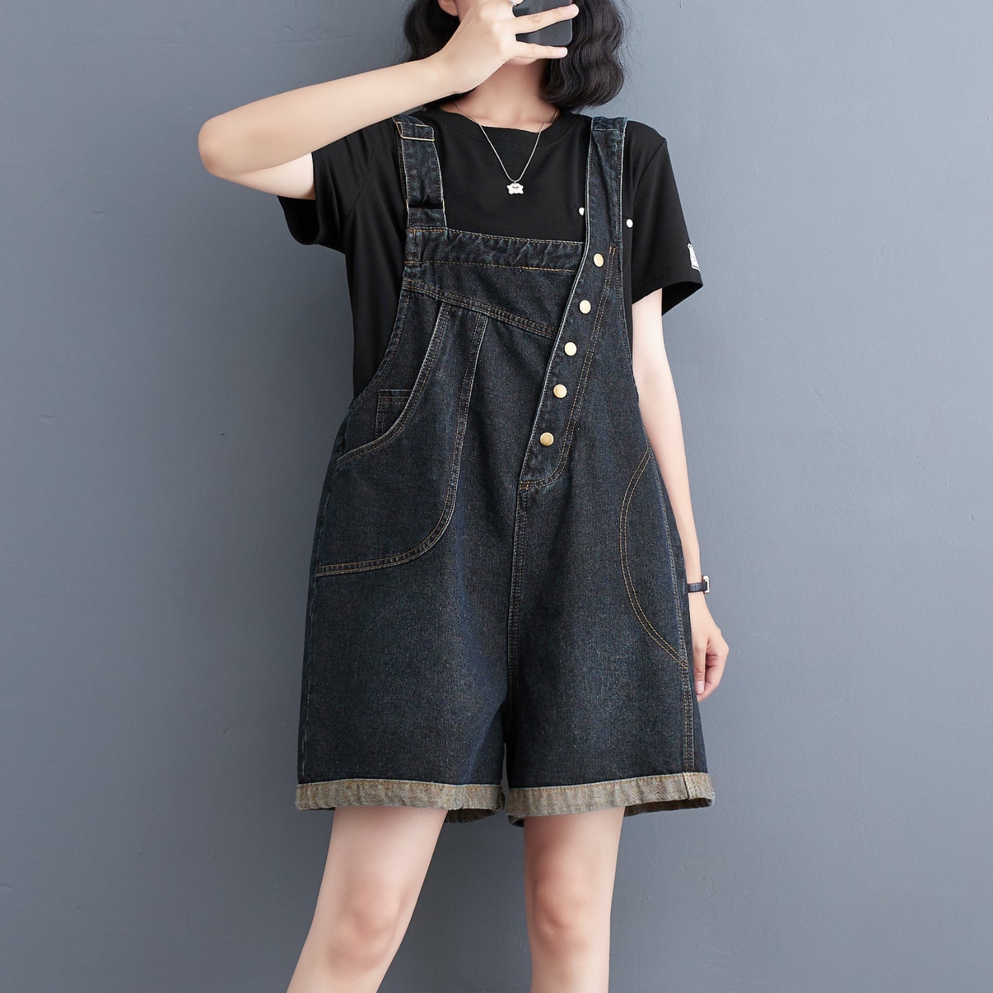 Loose Black Pocket Patchwork Plus Size Denim Shorts Jumpsuit Summer