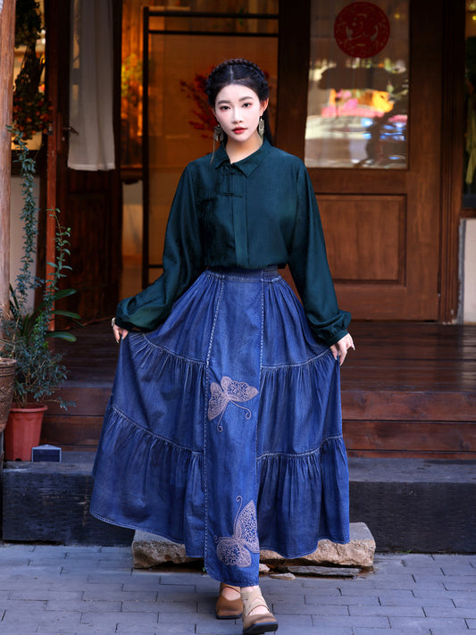 Chinese Style Blue Elastic Waist Embroidery Denim Skirts