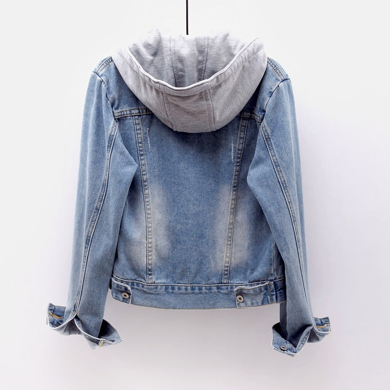 Light Blue Trendy Hooded Pocket Denim Fall Coat Long Sleeves